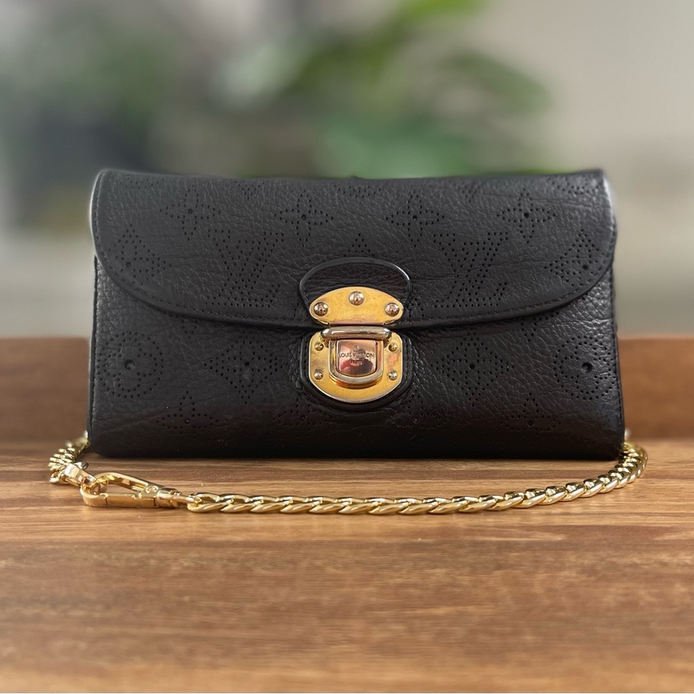 Louis Vuitton Black Leather Crossbody Wallet with Gold Chain